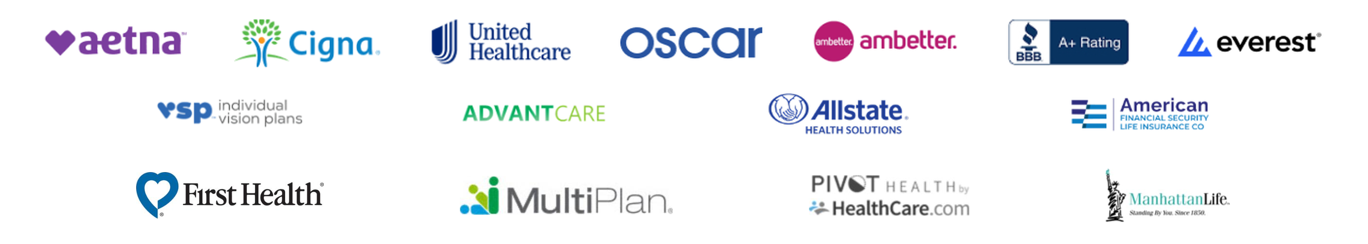 Logos including Aetna, Cigna, UnitedHealthcare, Oscar, Ambetter, Everest, VSP Individual Vision Plans, AdvantCare, Allstate Health Solutions, American Financial Security Life Insurance Co, First Health, MultiPlan, Pivot Health, ManhattanLife and a BBB A+ Rating badge