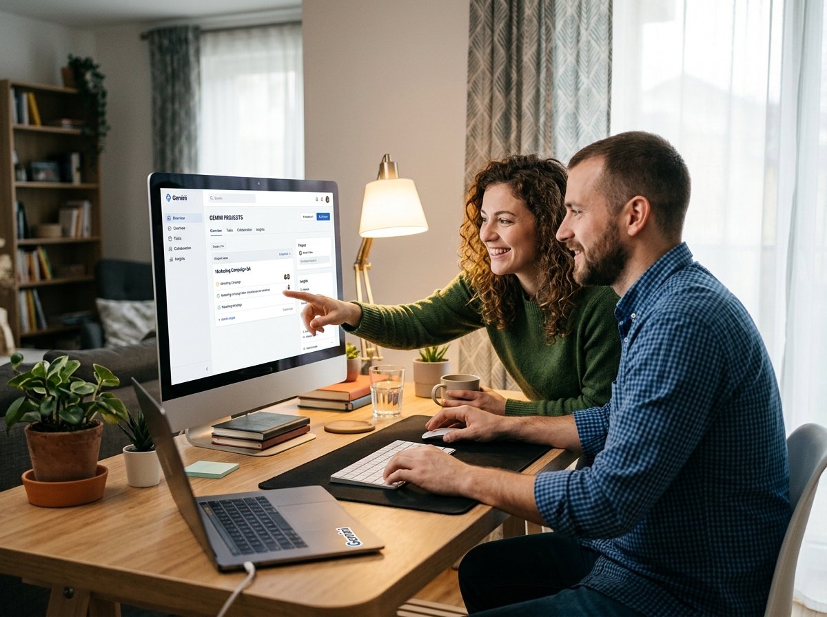 A smiling couple looking at a computer together at a desk at home
